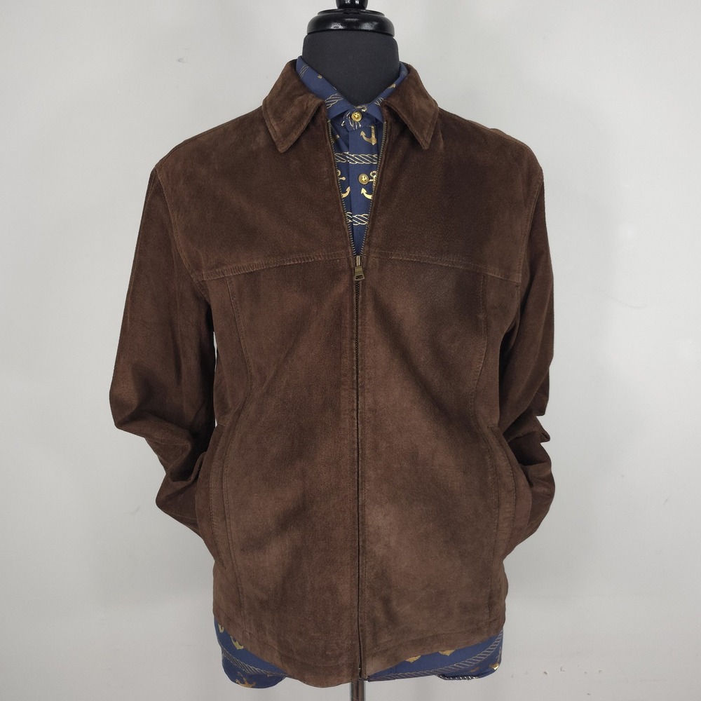 Claiborne Suede Jacket Mens Medium Brown Leather Full Zip Lined Bomber Coat